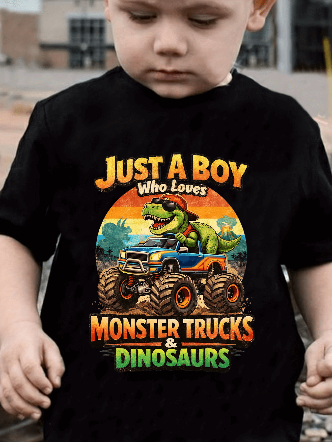 Just a Boy Who Loves Monster Trucks & Dinosaurs T-Shirt
