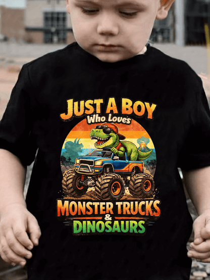 Just a Boy Who Loves Monster Trucks & Dinosaurs T-Shirt